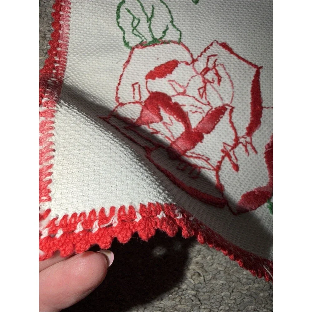 Antique Floral Table Runner Pink Rose Cross Stitch Farmhouse Cottagecore 43x16”